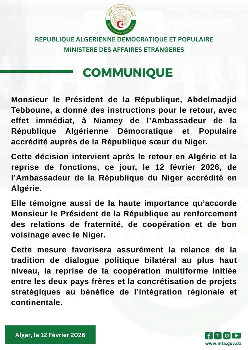 Le Président Tebboune ordonne le retour de l’Ambassadeur d’Algérie au Niger et réaffirme l’importance du renforcement des relations bilatérales